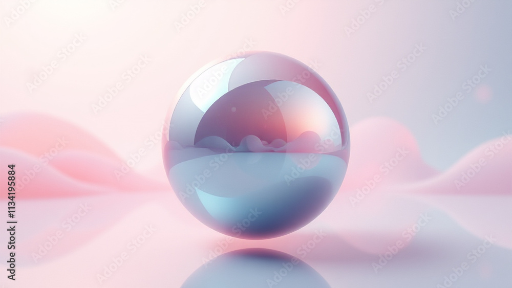 Mirror ball in an abstract setting: A surreal composition featuring a floating mirror ball surrounded by soft pastel gradients of pink, lavender, and teal Mirror ball in an abstract setting: A surreal composition featuring a floating mirror ball surrounded by soft pastel gradients of pink, lavender, and teal