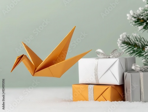 Elegant origami cranes in metallic gold and silver, paired with Christmas gift sets on a snowlike background, premium holiday decor photo