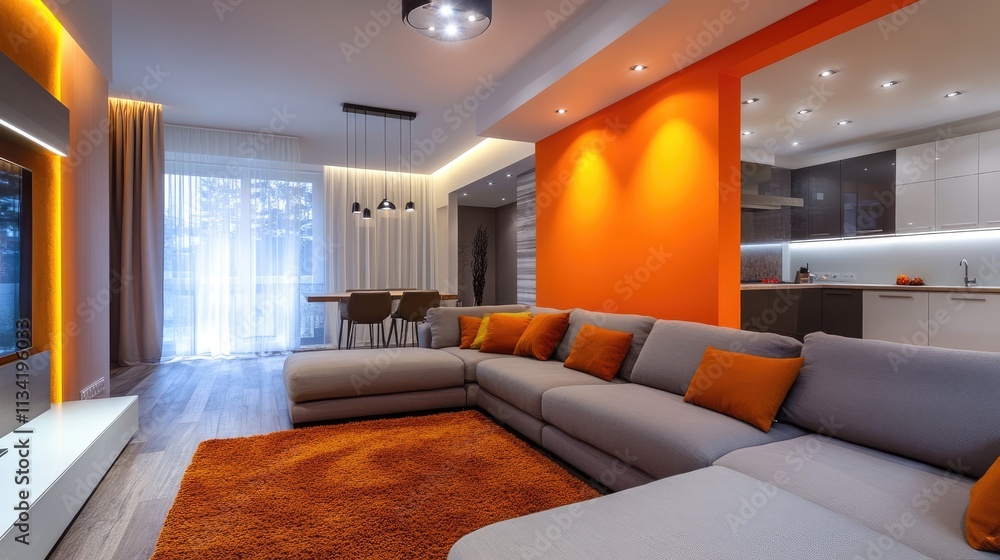 The sofa is light grey with an orange wall background, the living room is orange, and the entrance is Avangard white. Design of brown parquet and carpet in a contemporary home The sofa is light grey with an orange wall background, the living room is orange, and the entrance is Avangard white. Design of brown parquet and carpet in a contemporary home