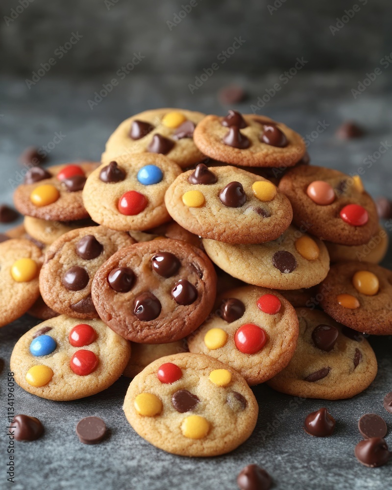 A pile of colorful cookies with chocolate chips and candies, ideal for snacks or desserts. A pile of colorful cookies with chocolate chips and candies, ideal for snacks or desserts.
