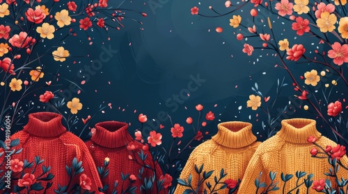 colorful 2d vector art of cute and cool sweaters, t-shirts, all different types of clothes scattered about in an artistic way for a clothing catalog with cherry blossoms sprouting randomly photo