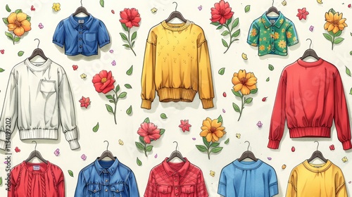 colorful 2d vector art of cute and cool sweaters, t-shirts, all different types of clothes scattered about in an artistic way for a clothing catalog with cherry blossoms sprouting randomly photo