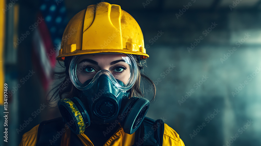 A woman adorned in a vibrant yellow helmet and protective gas mask stands confidently in a hazardous work environment. Her sturdy attire hints at the dangerous nature of her surroundings A woman adorned in a vibrant yellow helmet and protective gas mask stands confidently in a hazardous work environment. Her sturdy attire hints at the dangerous nature of her surroundings