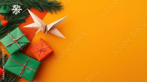 Traditional Japanese origami patterns in Christmas colors, styled with festive gift sets, unique crosscultural holiday theme photo