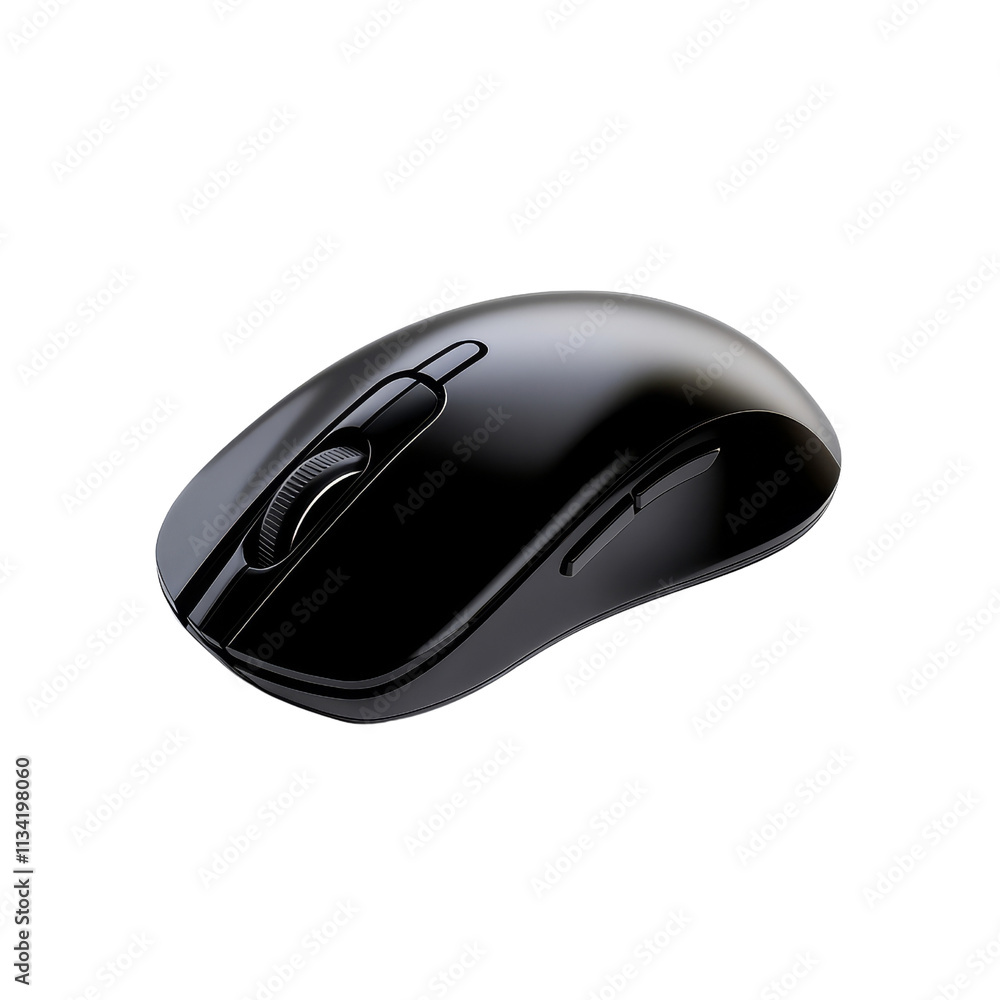 A sleek black computer mouse designed for ergonomic use with a scroll wheel and side buttons for enhanced functionality. A sleek black computer mouse designed for ergonomic use with a scroll wheel and side buttons for enhanced functionality.