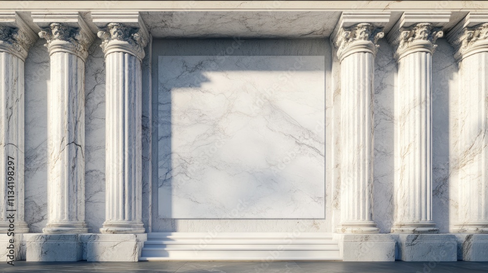 Obraz premium Classical architectural facade with marble columns and blank marble panel.