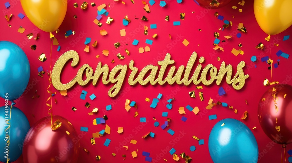 Festive congratulations message with colorful balloons and confetti on a vibrant red background. Festive congratulations message with colorful balloons and confetti on a vibrant red background.