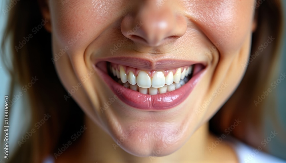 Close-up view of smiling person with bright white teeth. Person displays healthy smile. Dental results evident after recent treatment. Person shows happiness, satisfaction. Image reflects dental Close-up view of smiling person with bright white teeth. Person displays healthy smile. Dental results evident after recent treatment. Person shows happiness, satisfaction. Image reflects dental