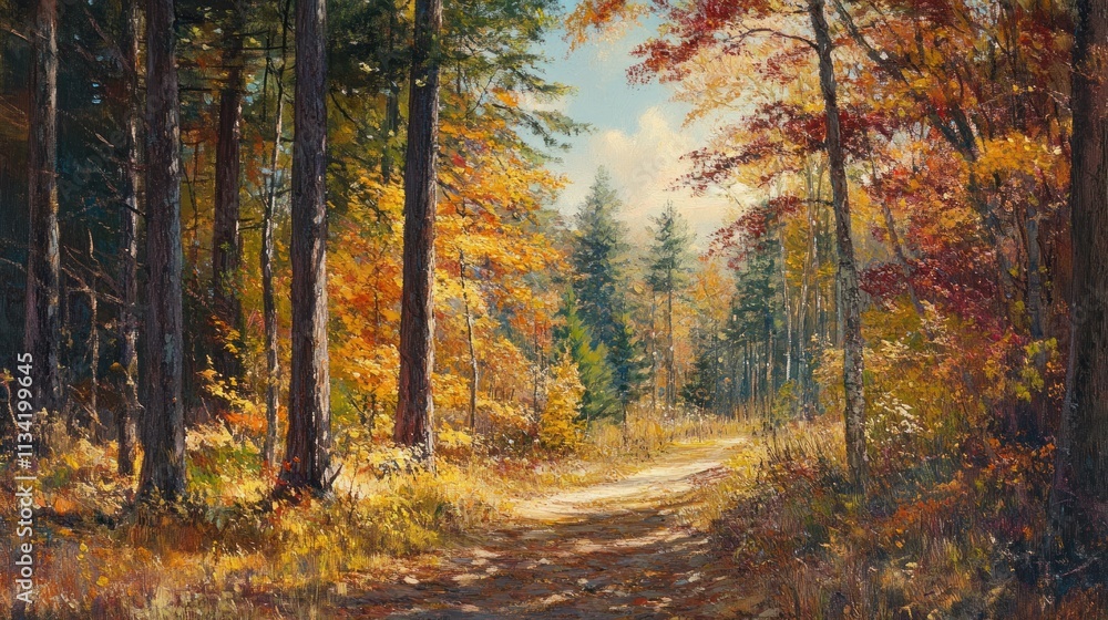 Fototapeta premium Autumn path winds through forest, sunlit.
