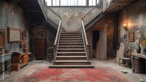 Grand Staircase in a Decaying Mansion: A Glimpse into Time's Passage photo