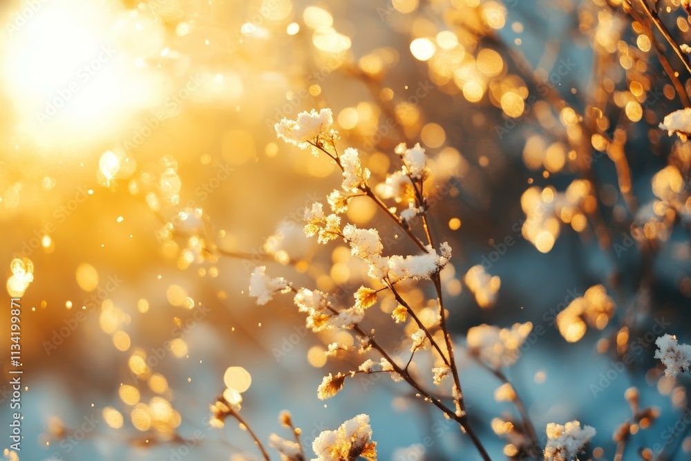 Fototapeta premium Golden Hour Winter Scene with Snowy Flowers
