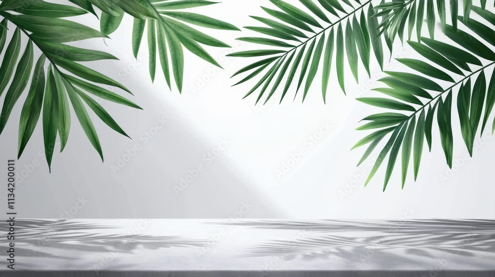 Lush green palm leaves frame a serene white background, creating a tranquil and fresh atmosphere perfect for nature-inspired designs. Lush green palm leaves frame a serene white background, creating a tranquil and fresh atmosphere perfect for nature-inspired designs.