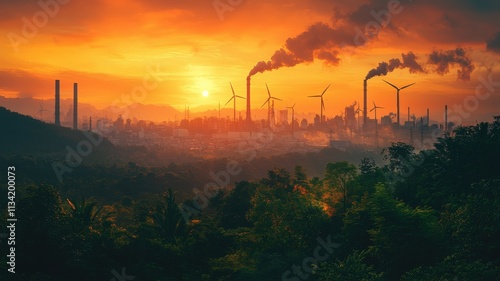 A vivid sunset over an industrial landscape, highlighting smokestacks and wind turbines amid greenery, showcasing the contrast between nature and pollution.