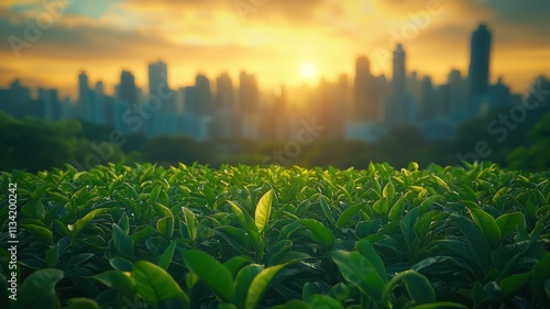 A serene sunset over a city skyline, with lush green tea leaves in the foreground, blending nature and urban life beautifully.