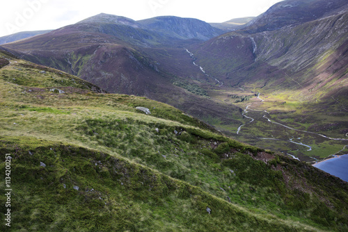 Trail between Broad Cairn summit, Loch Muick and Spittal of Glenmuick in the background - Aberdeenshire - Scotland - UK photo