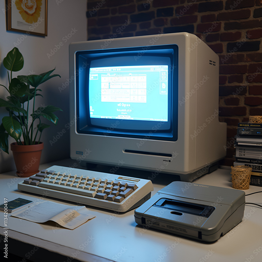 Nostalgic Retro Computer Setup with Plant in Warm Lighting Nostalgic Retro Computer Setup with Plant in Warm Lighting