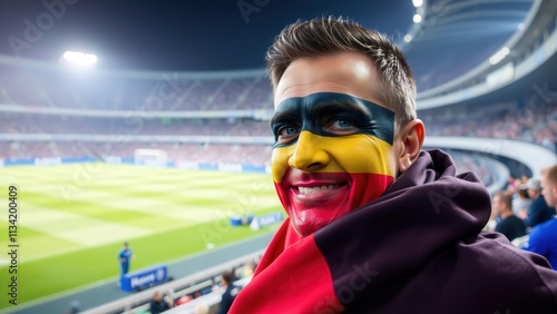 Football Fanatic: Excited Supporter in Stadium Wearing Face Paint and Mask, Perfect for Sports Merchandising and Memorabilia photo