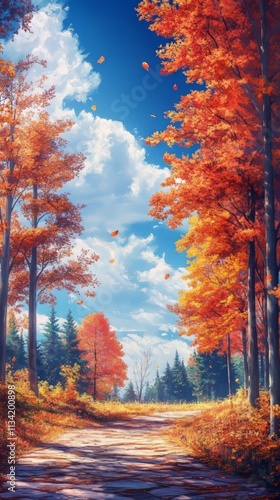 Landscape in autumn style anime. anime wallpaper. Ultra realistic. Photorealistic