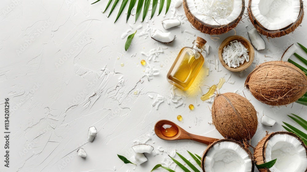 Composition with coconut oil on white background, realistic photo , high resolution Composition with coconut oil on white background, realistic photo , high resolution