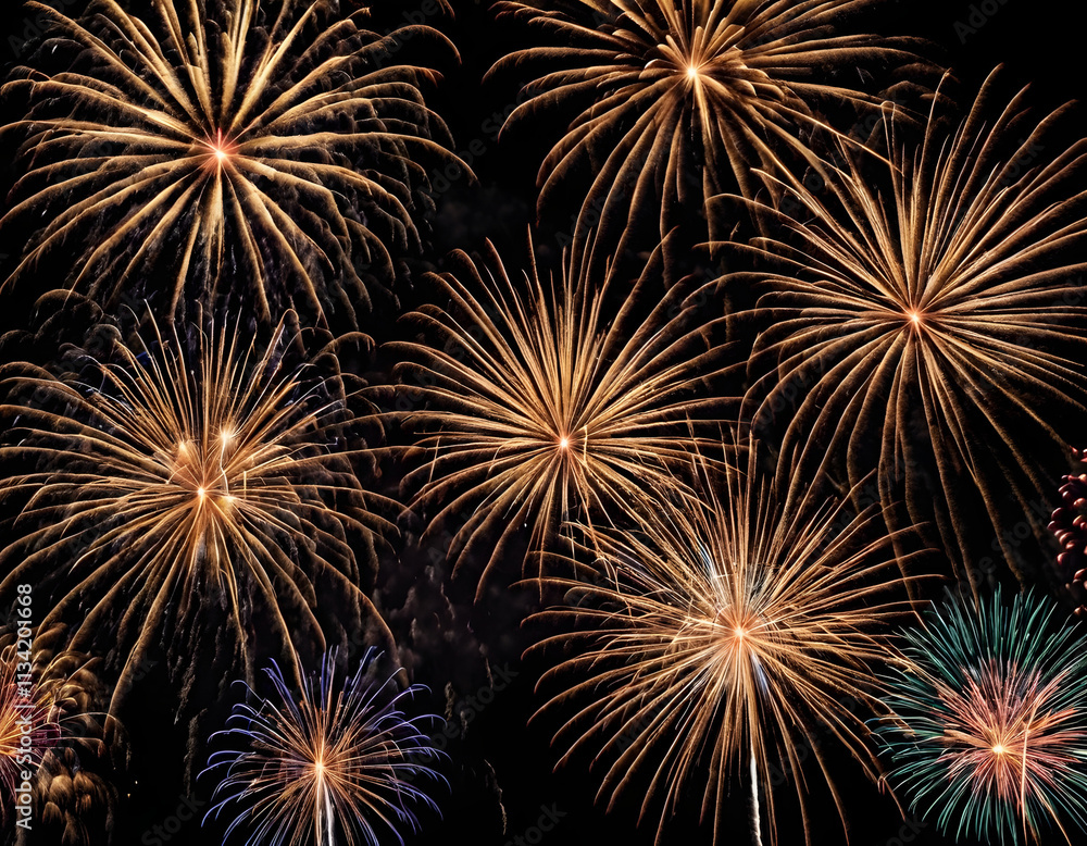 Golden firework fireworks on dark black night sky texture Golden firework fireworks on dark black night sky texture