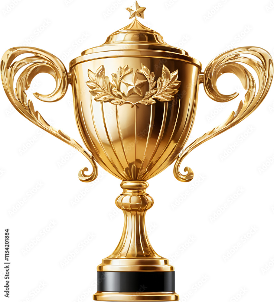 A Golden Trophy with Ornate Handles and a Star on Top isolated on Transparent and White Background A Golden Trophy with Ornate Handles and a Star on Top isolated on Transparent and White Background