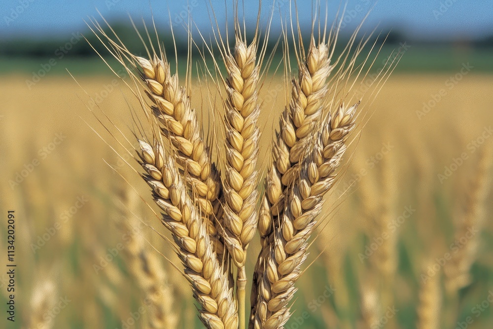 Close-up of golden wheat stalks in a field under a clear blue sky. Close-up of golden wheat stalks in a field under a clear blue sky.
