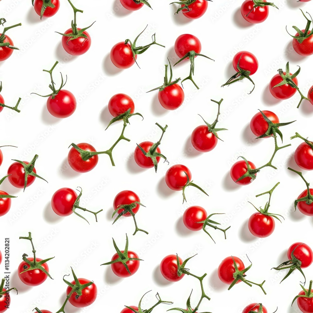 Fresh cherry tomatoes with green stems creating a seamless pattern on a white background, ideal for food related designs Fresh cherry tomatoes with green stems creating a seamless pattern on a white background, ideal for food related designs