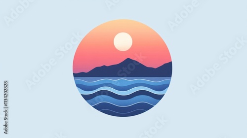 Sunrise over tranquil ocean waves, mountain landscape in a circle.