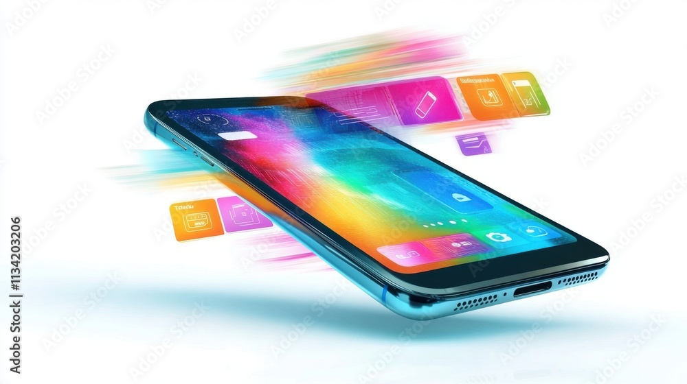 A sleek modern smartphone with futuristic app interfaces floating around it, isolated on a white background A sleek modern smartphone with futuristic app interfaces floating around it, isolated on a white background