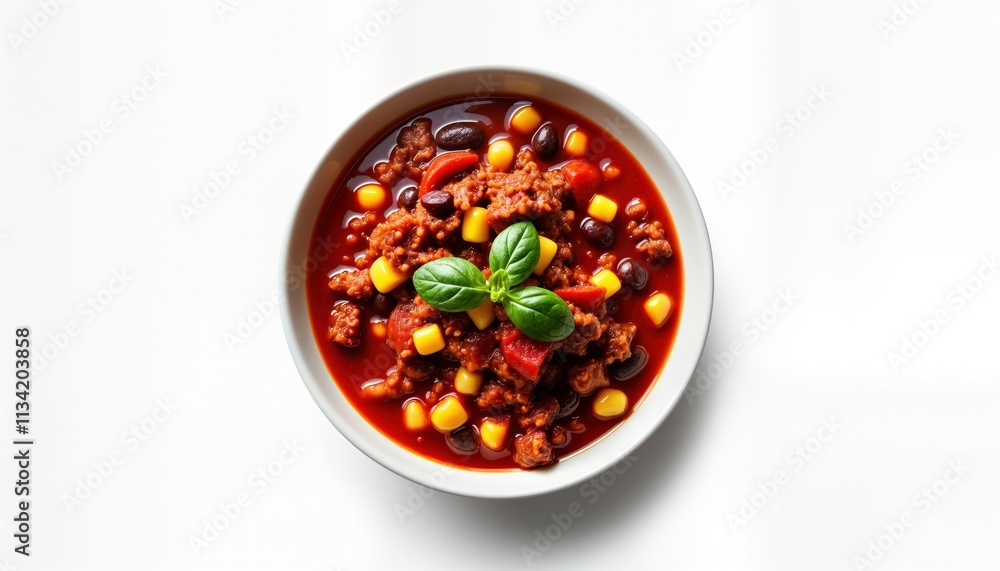 Top view of bowl of chili con carne. Chili made with beef, beans, corn. Spicy chili with red sauce in white bowl. Food ready to served. Chili con carne popular dish for lunch dinner. Perfect for Top view of bowl of chili con carne. Chili made with beef, beans, corn. Spicy chili with red sauce in white bowl. Food ready to served. Chili con carne popular dish for lunch dinner. Perfect for