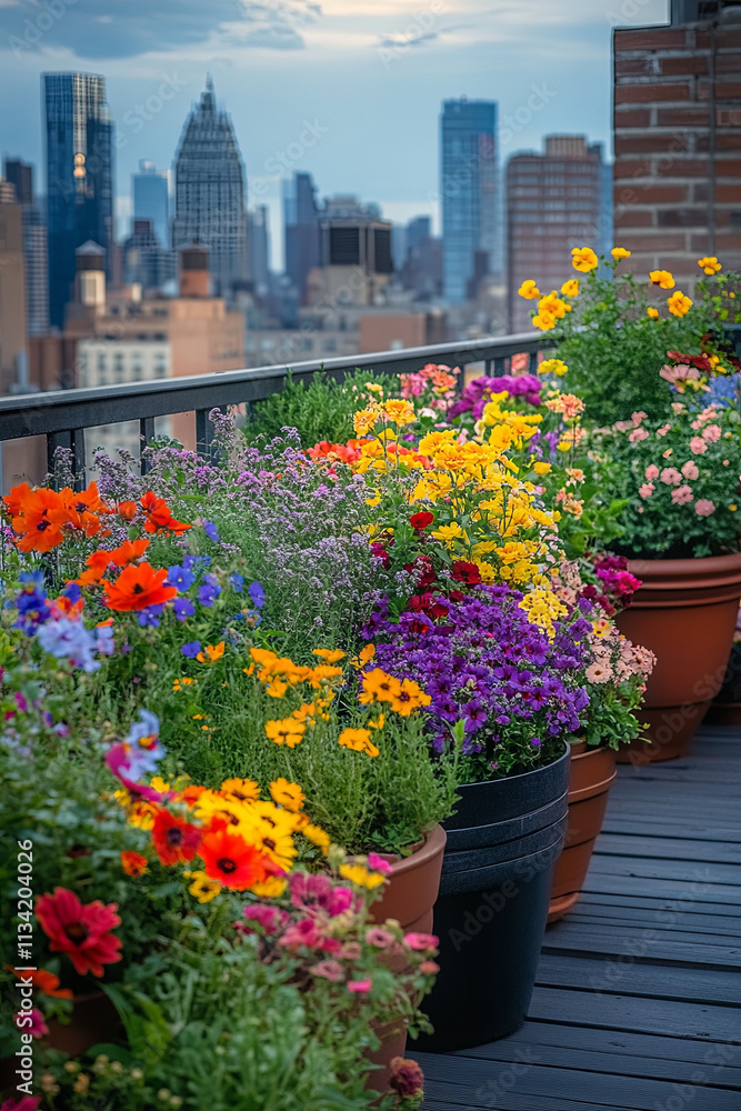 Fototapeta premium vibrant rooftop garden filled with colorful flowers and city skyline views