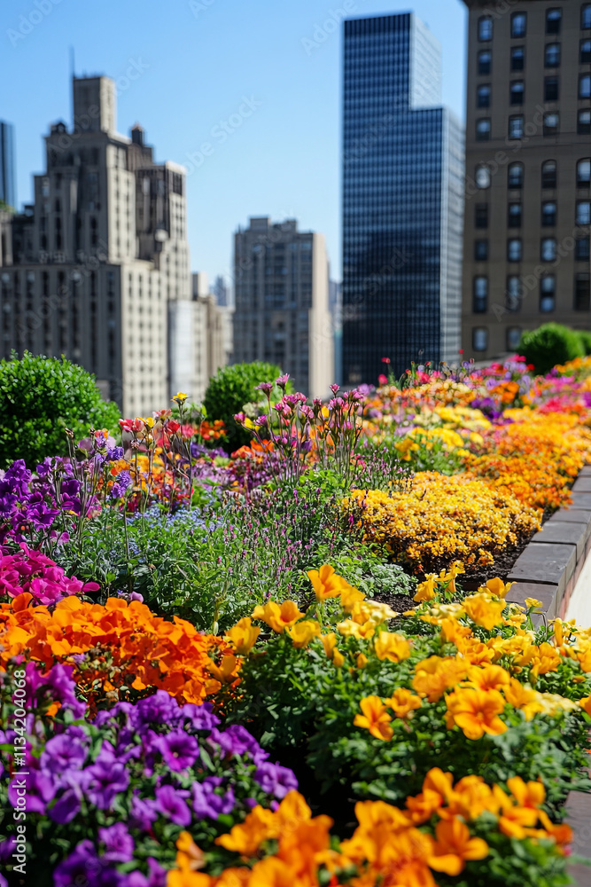 vibrant rooftop garden filled with colorful flowers and greenery, showcasing urban beauty vibrant rooftop garden filled with colorful flowers and greenery, showcasing urban beauty