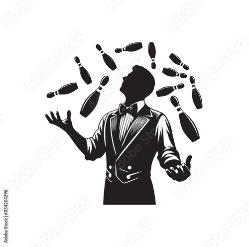 man juggling pins silhouette vector illustration