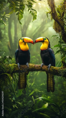 Toucan sitting on the branch in the forest, green vegetation, costa rica. nature travel in central america. two keel-billed toucan, ramphastos sulfuratus, pair of bird with big bill. photo