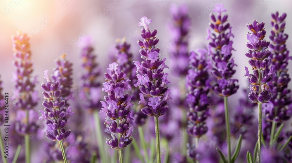 Obraz premium A close-up of blooming lavender flowers in soft lighting, showcasing their vibrant purple hues.