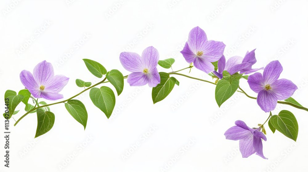 Obraz premium A delicate floral branch with soft violet blossoms, vivid green leaves, and a minimalistic stem design