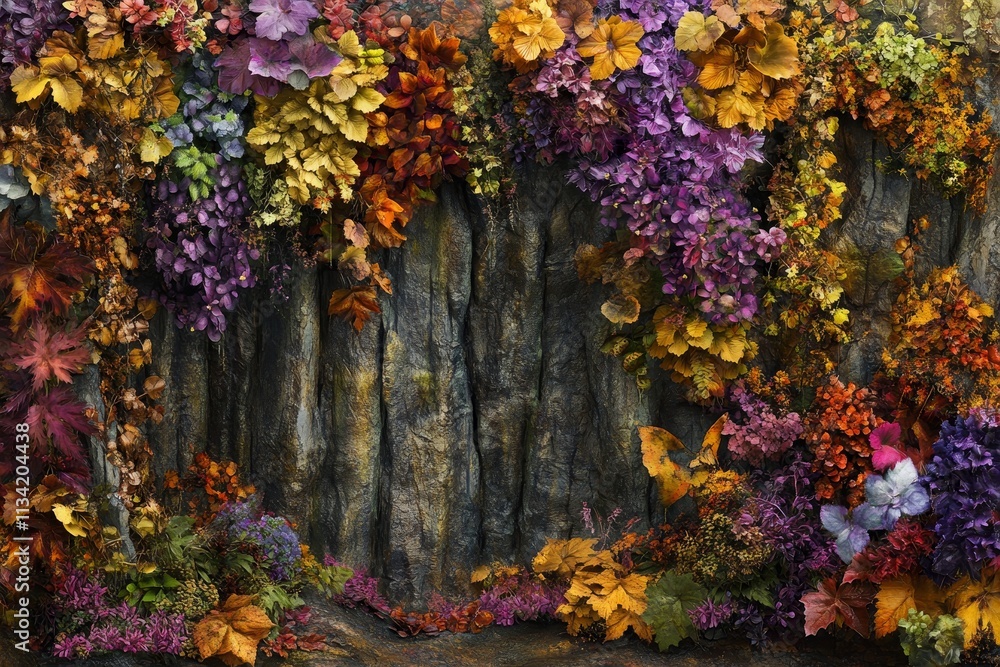 Fototapeta premium Colorful Autumn Foliage on Stone Wall with Vibrant Leaves, Beautiful Natural Arrangement Showcasing Nature's Palette in a Rustic Setting