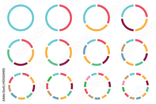 Pie chart icons. Segment slice signs. Round diagram line wheel segment and fraction. Circle section graph. 1,2,3,4,5,6,7,8,9,10,11,12 segment infographic. Wheel round diagram part symbol.