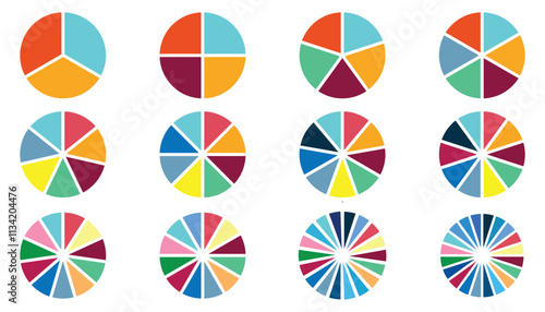Pie chart color set. Pie chart divided 1,2,3,4,5,6,7,8,9,10,11,12 equal parts. Circle division infographic icon. Wheel division into fractions with segments. Ring percentage diagram collection.