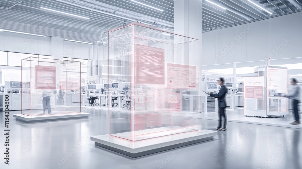 A futuristic office environment with employees interacting with automated systems and digital interfaces, symbolizing digital transformation and modernization A futuristic office environment with employees interacting with automated systems and digital interfaces, symbolizing digital transformation and modernization