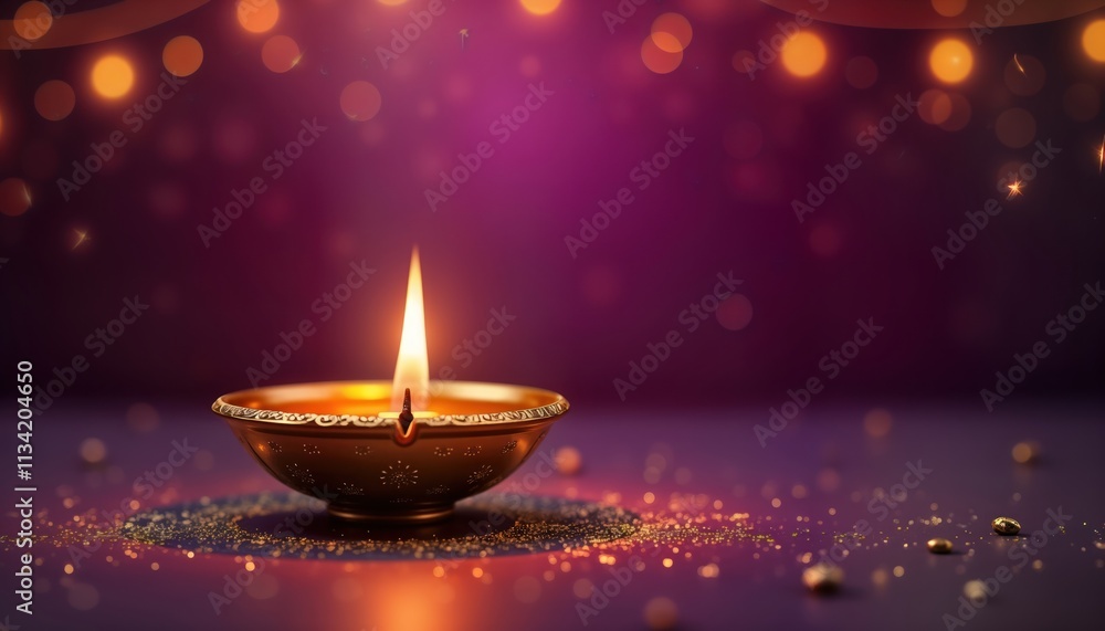 Brass diya lit on dark violet backdrop. Golden accents create festive ambiance. Ideal for Diwali celebrations. Traditional Indian festival. Copy space available. Elegant lighting design. Festive Brass diya lit on dark violet backdrop. Golden accents create festive ambiance. Ideal for Diwali celebrations. Traditional Indian festival. Copy space available. Elegant lighting design. Festive