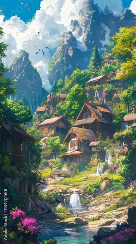 Vibrant color of a beautiful fantasy anime village landscape background or wallpaper. anime illustrations. illustrations. anime wallpaper. Ultra realistic. Photorealistic