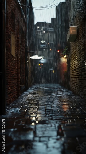 View of cyberpunk city alley in the rain. anime background. anime wallpaper. Ultra realistic. Photorealistic