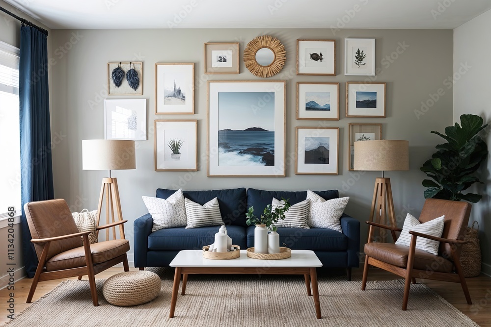 Fototapeta premium Artistic Frame Arrangement in Scandinavian Family Room Decor