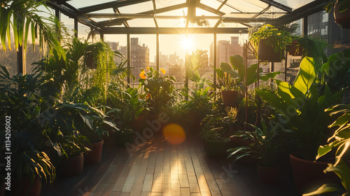 rooftop greenhouse filled with tropical plants and sunlight