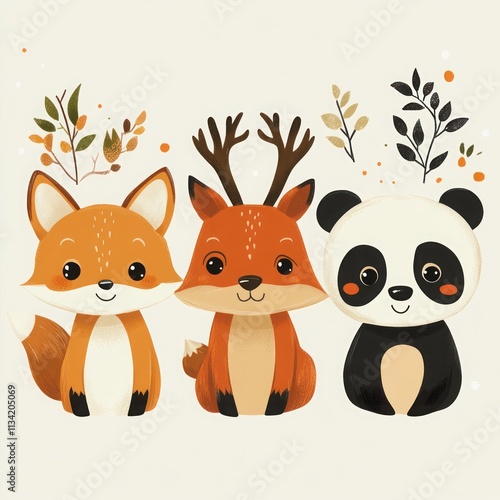 Cute cartoon animals featuring a fox, deer, and panda with decorative foliage. photo