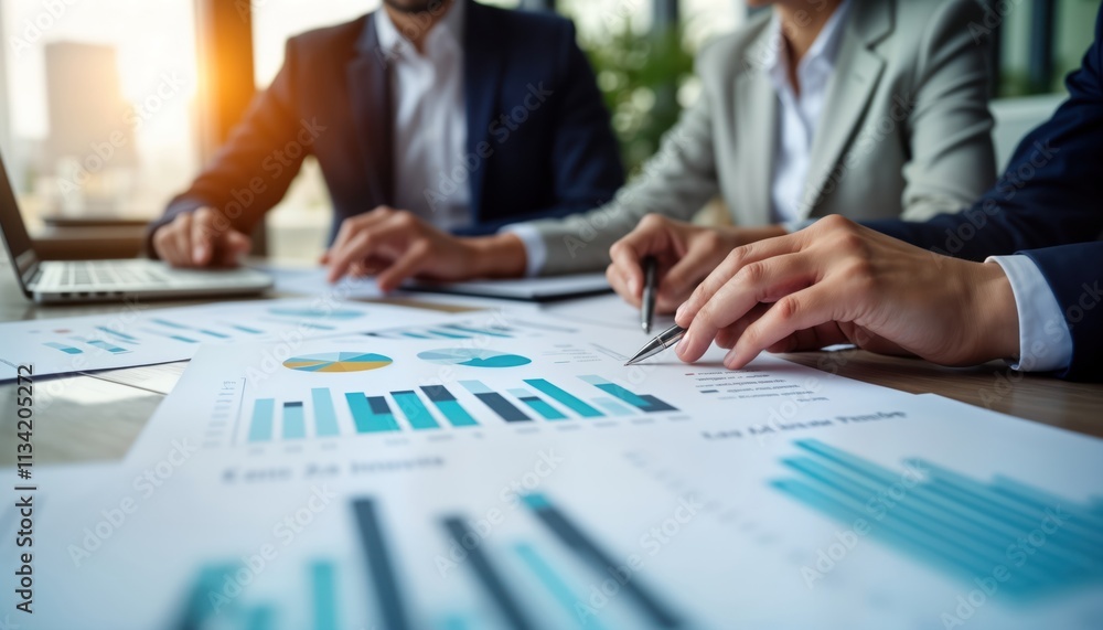 Business people analyze financial reports in modern office. Team reviews charts, financial plans. Wealth management consulting. Pro advisors discuss investments. Modern workplace setting. Business people analyze financial reports in modern office. Team reviews charts, financial plans. Wealth management consulting. Pro advisors discuss investments. Modern workplace setting.