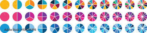 Pie chart set. Circle section graphs. Pie chart divided 1,2,3,4,5,6,7,8,9,10,11,12 equal parts. Wheel round diagram part symbol. Ring percentage diagram collection.