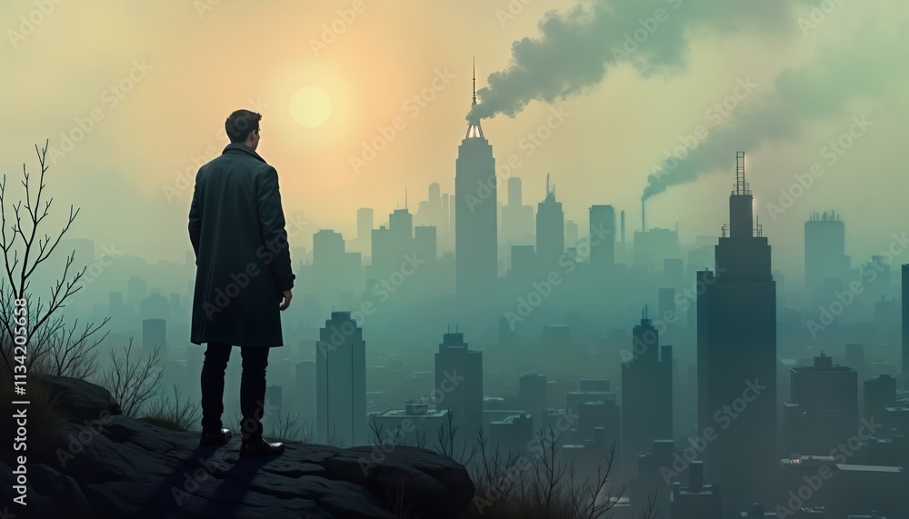 Solitary figure gazes at hazy cityscape. Fog shrouds modern city. Pollution obscures skyline. Person stands on high vantage point. Urban scene evokes contemplation. Individual reflects on environment Solitary figure gazes at hazy cityscape. Fog shrouds modern city. Pollution obscures skyline. Person stands on high vantage point. Urban scene evokes contemplation. Individual reflects on environment