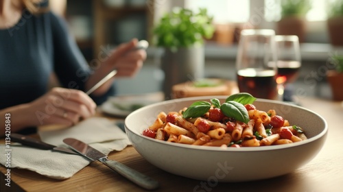 Woman enjoying a delicious bowl of pasta with tomato sauce, basil, and cherry tomatoes at a wooden table in a cozy home setting.
